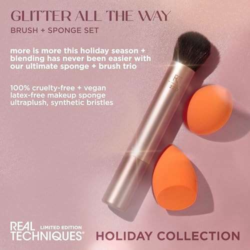 Real Techniques Glitter All The Way Brush plus 3 Piece Holiday Set Makeups And Makeup Brush For Liquid And Cream Foundation Contour And Blush Stocking Stuffer Limited Edition