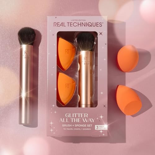 Real Techniques Glitter All The Way Brush plus 3 Piece Holiday Set Makeups And Makeup Brush For Liquid And Cream Foundation Contour And Blush Stocking Stuffer Limited Edition