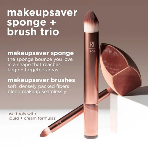 Real Techniques Makeupsaver plus Brush Trio Makeup Blending And Brushes For Liquid And Cream Foundation Natural Finish And Reduces Makeup Waste Cruelty And Latexfree 3 Piece Set