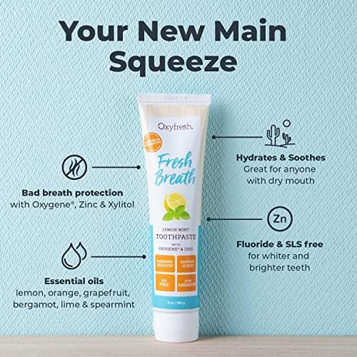 Oxyfresh Premium Lemon Mint Fresh Breath Toothpaste  Essential Oils  Helps Fight Bad Breath Anti Plaque and Tartar Control  Low Abrasion Gel SLS and Fluoride Free Toothpaste with Essential Oils