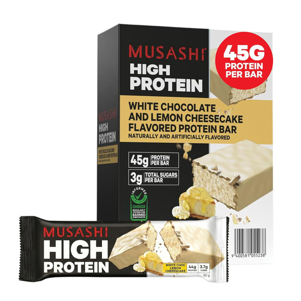 MUSASHI High Protein Bar 45g Protein 2g Total Sugars Post Workout and Protein Snack On The Go 3.2oz (90g) Bars Low Sugar High Protein Snack 12 pack