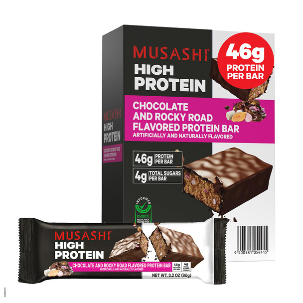 MUSASHI High Protein Bar 45g Protein 2g Total Sugars Post Workout and Protein Snack On The Go 3.2oz (90g) Bars Low Sugar High Protein Snack 12 pack