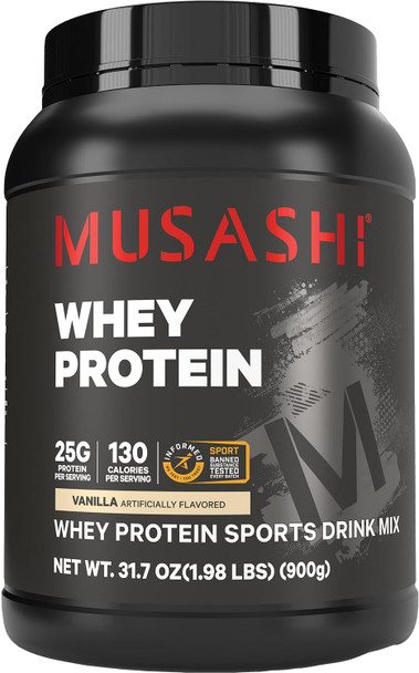 Musashi Whey Protein Powder 25g Protein WPC & WPI Blend 900g | 130 Calories per Serving 900g (1.98 lb) Whey Protein Concentrate (WPC) and Whey Protein Isolate (WPI) Blend