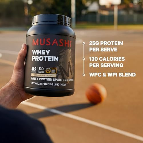 Musashi Whey Protein Powder 25g Protein WPC & WPI Blend 900g | 130 Calories per Serving 900g (1.98 lb) Whey Protein Concentrate (WPC) and Whey Protein Isolate (WPI) Blend