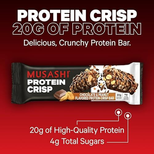 MUSASHI Protein Crisp Bar 20g Protein 4g Total Sugars Post Workout and Snack On The Go 2.1oz (60g) Bars Crispy High Protein Snack