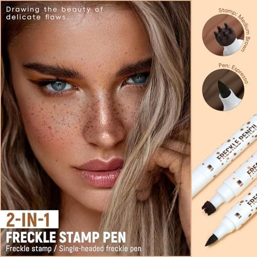 Noerrors Freckle Pen Stamp 2 in 1 for Natural Lifelike Faux Freckle Dual Ended Freckles Stamp and  Precise Pen Waterproof Fake Freckles Stain Marker for Sunkiss Makeup #02 Deep