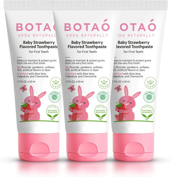 BOTAO Fluoride Free Baby Toothpaste  Natural Toddler Toothpaste  Strawberry Flavored  Training Toothpaste for Toddlers  EWG Verified  Vegan SLS Free Safe to Swallow Aloe Vera