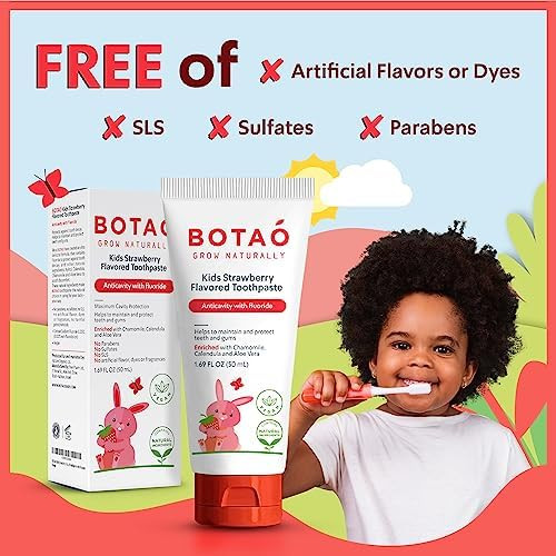 Botao Kids Natural Strawberry Flavored Anticavity Fluoride Toothpaste Maximum Cavity Protection Cleans Children’s Teeth Protects Gums Chamomile Aloe Vera Calendula Xylitol for Ages  and Up