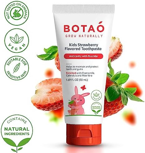 Botao Kids Natural Strawberry Flavored Anticavity Fluoride Toothpaste Maximum Cavity Protection Cleans Children’s Teeth Protects Gums Chamomile Aloe Vera Calendula Xylitol for Ages  and Up