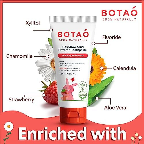 Botao Kids Natural Strawberry Flavored Anticavity Fluoride Toothpaste Maximum Cavity Protection Cleans Children’s Teeth Protects Gums Chamomile Aloe Vera Calendula Xylitol for Ages  and Up