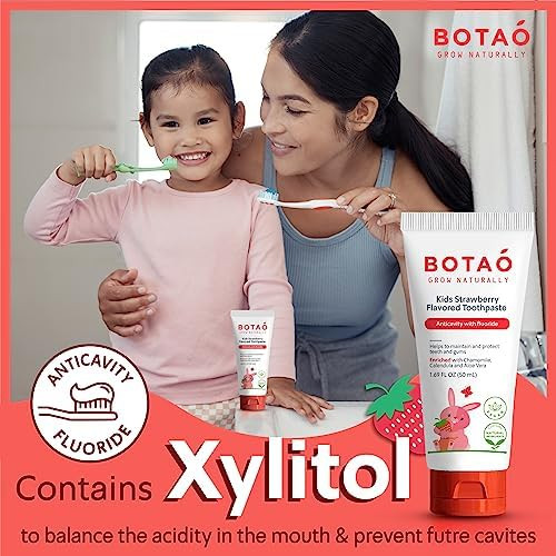 Botao Kids Natural Strawberry Flavored Anticavity Fluoride Toothpaste Maximum Cavity Protection Cleans Children’s Teeth Protects Gums Chamomile Aloe Vera Calendula Xylitol for Ages  and Up