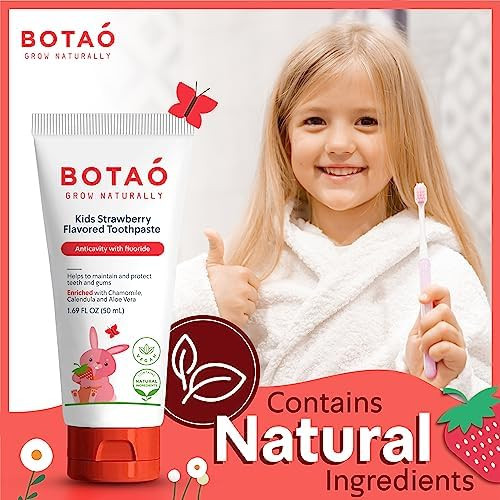 Botao Kids Natural Strawberry Flavored Anticavity Fluoride Toothpaste Maximum Cavity Protection Cleans Children’s Teeth Protects Gums Chamomile Aloe Vera Calendula Xylitol for Ages  and Up