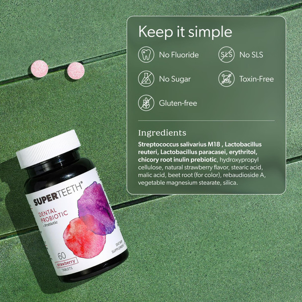 SUPER TEETH Oral Probiotics for Bad Breath and Cavities  Strawberry Flavored  Oral Defense Dental Probiotics with Lactobacillus Reuteri to Support Healthy Teeth and Gums. Kid Friendly Chewable Tablets.