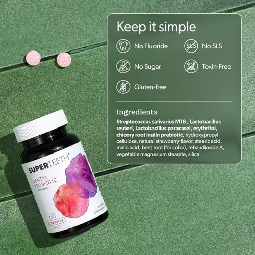 SUPER TEETH Oral Probiotics for Bad Breath and Cavities  Strawberry Flavored  Oral Defense Dental Probiotics with Lactobacillus Reuteri to Support Healthy Teeth and Gums. Kid Friendly Chewable Tablets.