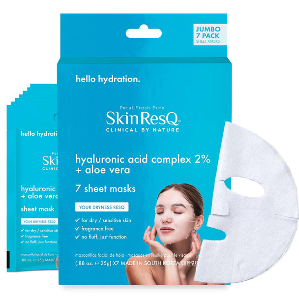 Petal Fresh Skin ResQ Sheet Mask with Hyaluronic Acid Complex 2% + Aloe Vera JUMBO 7 Pack Hydrating Korean Face Mask for Dry and  Sensitive Skin Soothing Fragrance Free Vegan