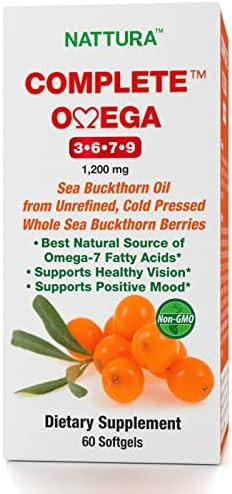 Nattura Complete Omega 3-6-7-9 Pure Sea Buckthorn Oil European Quality from Unrefined Cold Pressed Whole Sea Buckthorn Wild Berries - Non-GMO, Certified Kosher, Gluten- Capsules