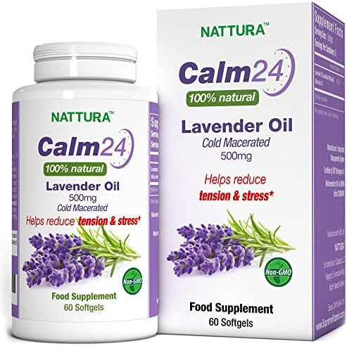 Nattura Calm Aid Lavender Oil Pills - 500mg - 60 Softgels - 100% Natural, Helps Reduce Stress, Calming for Body & Mind, Non-GMO, Certified Kosher