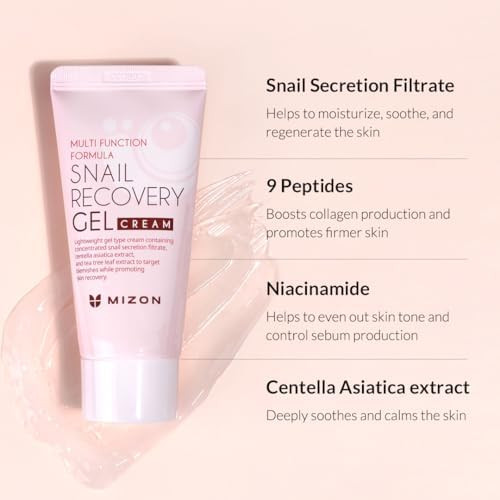 MIZON Set of Two Snail Recovery Gel Cream Snail Mucin with Peptides and Niacinamide for Fine Lines Skin Elasticity Moisture Fragrance-Free Korean Skincare