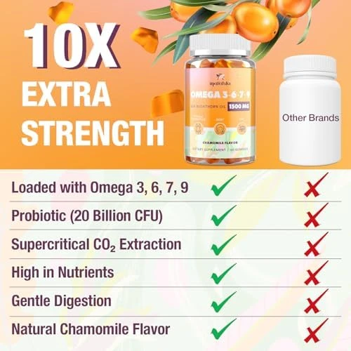 Omega 3 6 7 9 Gummies for Women - Omega 3 Supplement with Sea Buckthorn Oil, Flaxseed Oil, Vitamins E, A & Probiotics - Skin, Eye & Dryness, Chamomile Flavor - 60 Gummies