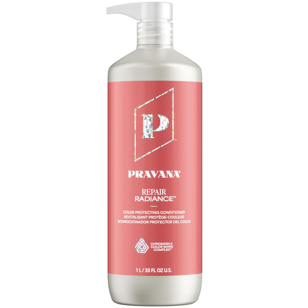 Pravana Repair Radiance  Strengthens Protects Restores  For Damaged Color Treated Hair  Reduces Breakage and  Split Ends  Chromasilk Enhances Shine and  Protection  Vegan  Paraben Free