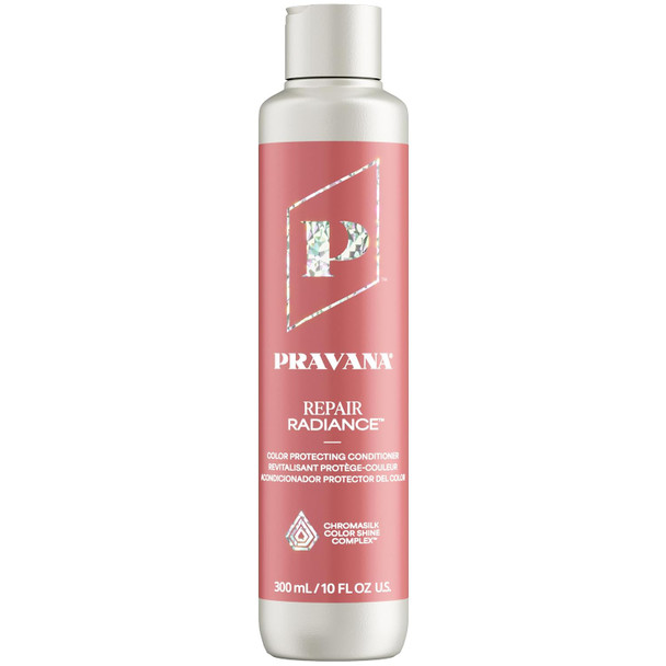 Pravana Repair Radiance  Strengthens Protects Restores  For Damaged Color Treated Hair  Reduces Breakage and  Split Ends  Chromasilk Enhances Shine and  Protection  Vegan  Paraben Free