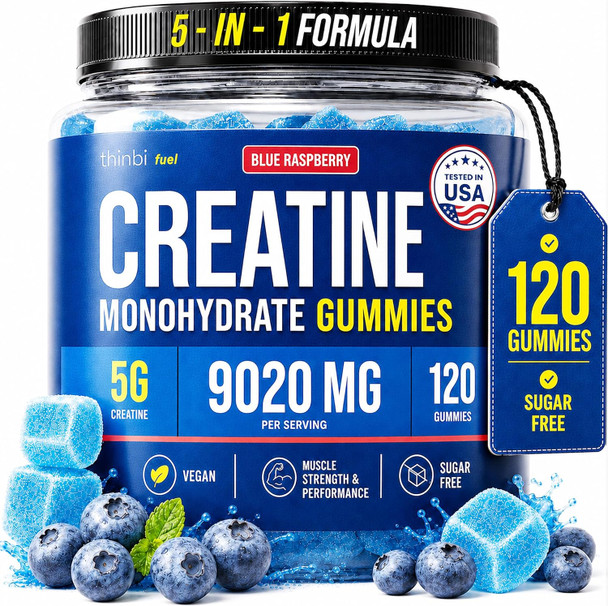 Thinbi Creatine Gummies for Women & Men, Monohydrate, Blueberry, 120 Count | 5-in-1 formula, 5 g creatine per serving, Sugar free, Chewable gummies, Third-party tested