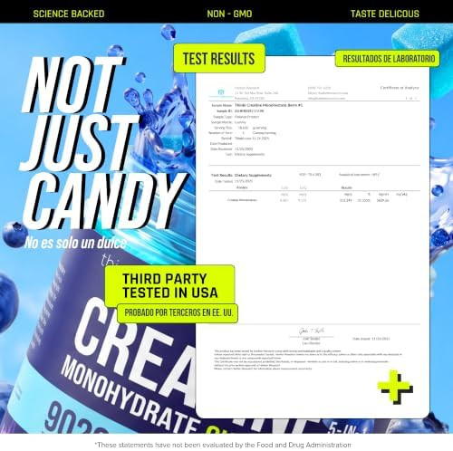 Thinbi Creatine Gummies for Women & Men, Monohydrate, Blueberry, 120 Count | 5-in-1 formula, 5 g creatine per serving, Sugar free, Chewable gummies, Third-party tested