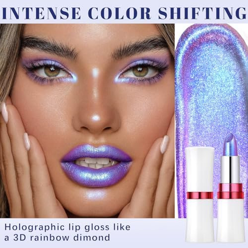 Noerrors Chameleon Purple Blue Glitter Lipstick Holographic Color Shift Waterproof Long Wear Shimmer