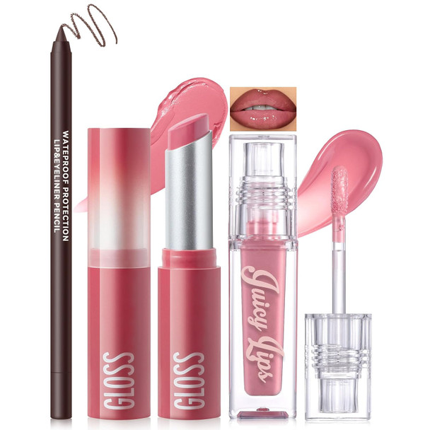 Noerrors 3PCS Lip Combo Set Brown Matte Lip Liner  Hydrating Tinted Lip Balm  Plum Cherry Juicy Lip Gloss Tint