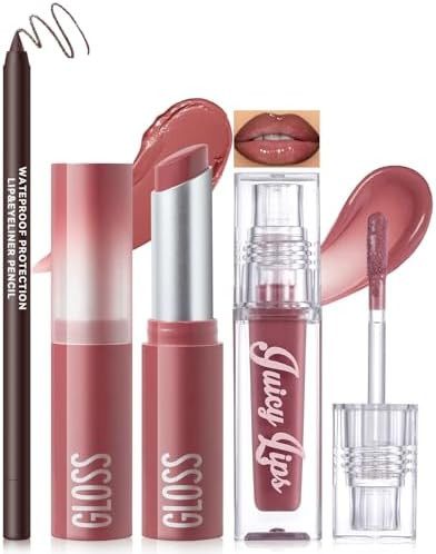 Noerrors 3PCS Lip Combo Set Brown Matte Lip Liner  Hydrating Tinted Lip Balm  Plum Cherry Juicy Lip Gloss Tint