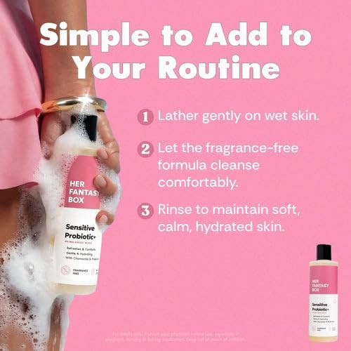 Her Fantasy Box Sensitive Probiotic+ Gentle Cleanser – Fragrance-Free, pH Balanced Body Wash with Chamomile & Probiotic Lysates, Vegan & Cruelty Free, 8 oz