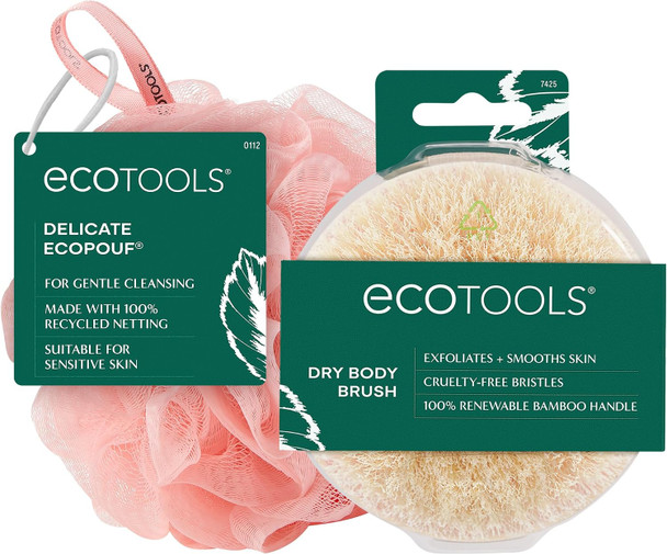 EcoTools Dry Body Brush   Delicate EcoPouf Exfoliating Loofah Set  Pre Shower Body Brush for Circulation and Cellulite  Recycled Pouf for Sensitive Skin Vegan  Self Care Gifts for Women