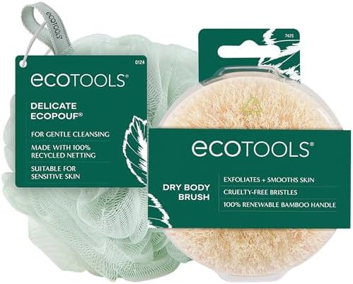 EcoTools Dry Body Brush   Delicate EcoPouf Exfoliating Loofah Set  Pre Shower Body Brush for Circulation and Cellulite  Recycled Pouf for Sensitive Skin Vegan  Self Care Gifts for Women