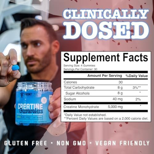 FRONTLINE FORMULATIONS Creatine Monohydrate Gummies Sour Blue Razz  Creatine Monohydrate Gummies with Convenient Daily Serving for Active Lifestyles