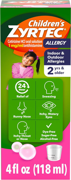 Children's Zyrtec Allergy Relief Syrup 5 mg Cetirizine HCl, 4 fl. oz 24-Hour Antihistamine Kids Allergy Medicine Indoor and Outdoor Allergy Relief  Dye- and Sugar-Free, Grape Flavor