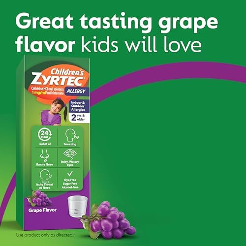 Children's Zyrtec Allergy Relief Syrup 5 mg Cetirizine HCl, 4 fl. oz 24-Hour Antihistamine Kids Allergy Medicine Indoor and Outdoor Allergy Relief  Dye- and Sugar-Free, Grape Flavor