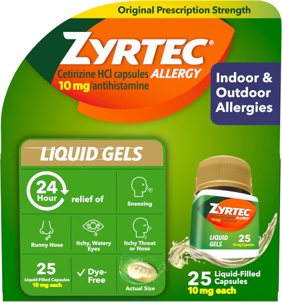 Zyrtec 24 HR Indoor & Outdoor Allergy Liquid Gels Capsules, Cetirizine HCI Antihistamine