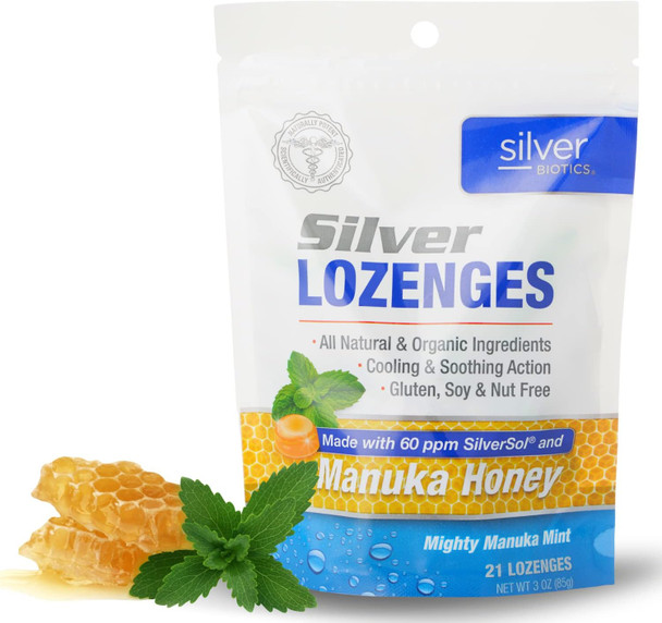 American Biotech Labs Silver Biotics Colloidal SIlver Lozenges  60 PPM Ag₄O₄ SilverSol  Immune Support + Throat Soothing Lozenges Manuka Honey