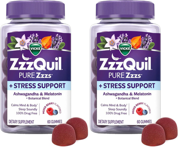 ZzzQuil Pure Zzzs De-Stress  Melatonin Gummies,Sleep Aids for Adults,Ashwagandha for Stress Support Gummies