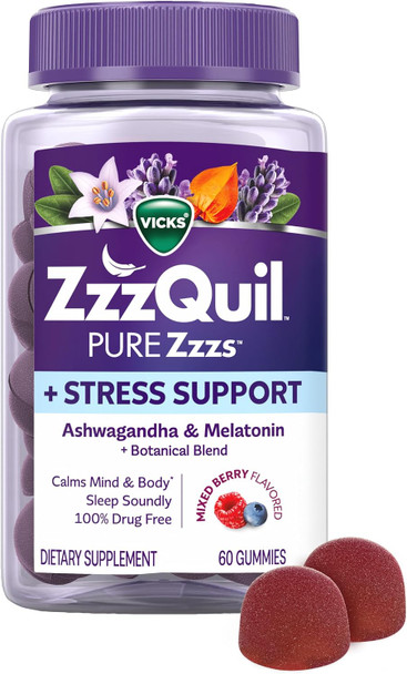 ZzzQuil Pure Zzzs De-Stress  Melatonin Gummies,Sleep Aids for Adults,Ashwagandha for Stress Support Gummies