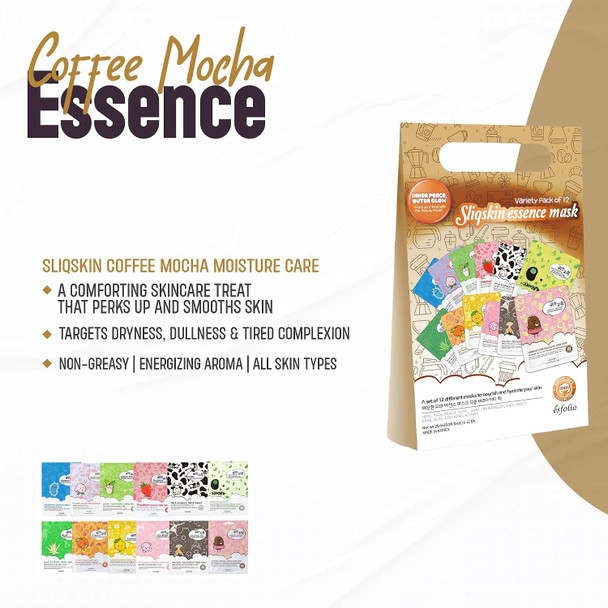 esfolio Sliqskin Coffee Mocha Face Mask Set  Moisturizing Refreshing and Nourishing Sheet Masks for a Smooth Soft and Rejuvenated Skin Feel Pack of 12