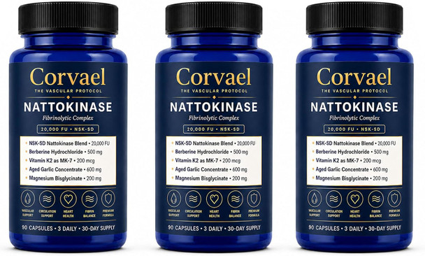 Corvael Nattokinase 20000 Fu, Corvael Nattokinase Fibrinolytic Complex, Gluten Free, Non-GMO, for Daily Wellness Support (3pcs)
