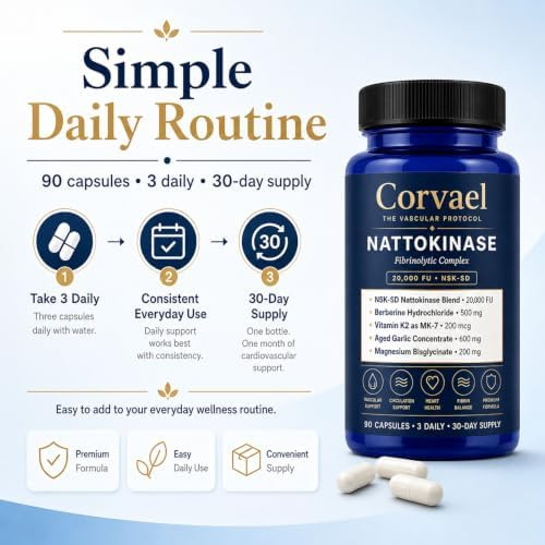 Corvael Nattokinase 20000 Fu, Corvael Nattokinase Fibrinolytic Complex, Gluten Free, Non-GMO, for Daily Wellness Support (3pcs)