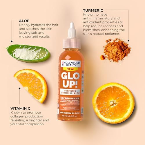 Hollywood Beauty Glo Up! Daily Skin and  Scalp Oil to Brighten and Smooth with Turmeric Vitamin C and Aloe 4 fl oz
