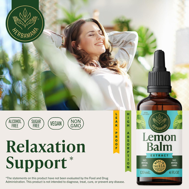 HERBAMAMA Lemon Balm Tincture  Relaxation and Calm Support Lemon Balm Extract  Nervous System Support Non GMO Alcohol and Sugar Free  Vegan  Liquid 56 Day Supply  4 fl oz
