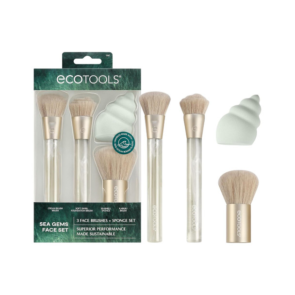 EcoTools Sea Gems Face Makeup Brush and Sponge 4 Piece Set  Blend an even base with a makeup brush set with beauty sponge foundation brush blush brush and kabuki brush
