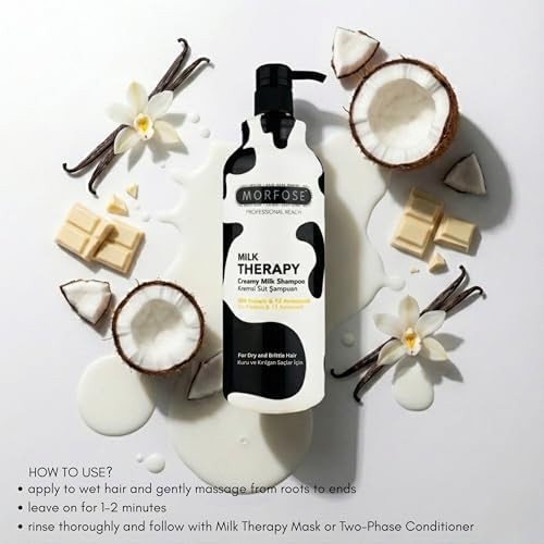 Morfose Professional Milk Therapy Creamy Hair Shampoo for Dry, Damaged, or Brittle Strands, Repairs and Protects, fuller, healthier, softer look, Eliminates Dryness, Damage, and Split Ends