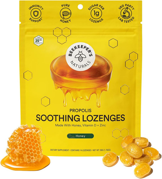Beekeeper's Naturals Throat Relief Menthol Cough Drops Propolis and Honey Cough  Throat Lozenges for Cough Soothing, Immune Support, Sore Throat Relief & Cooling