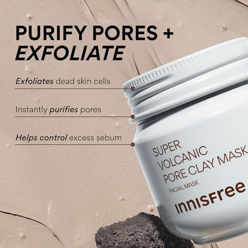 innisfree Super Volcanic Clay Mask, Pore Cleansing & Oil Control Face Mask for Oily Skin with AHA, Korean Wash-Off Clay Mask for Clogged Pores - 3.38 oz. / 100mL