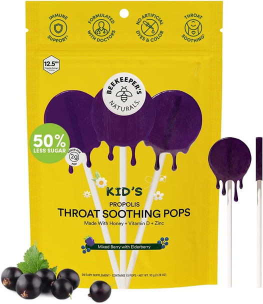 Beekeeper's Naturals Kids Throat Soothing Lollipops   Watermelon Doctor Formulated Immune Support  Under Sugar Vitamin D and  Honey